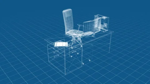 Futuristic Virtual Office Setup with 3D Wireframe Design on Blue Background 動画素材 344656772