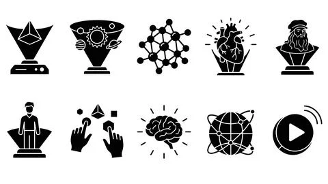Futuristic virtual reality and scientific hologram icons collection. Stock Illustration