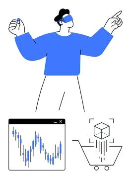 Futuristic Virtual Reality User Interacting with Graphs and Buying Digital Stock Illustration
