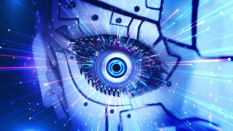 Futuristic Vision Robot Eye Enhanced Cybernetic Digital digital data biometric Stock Footage 333969078