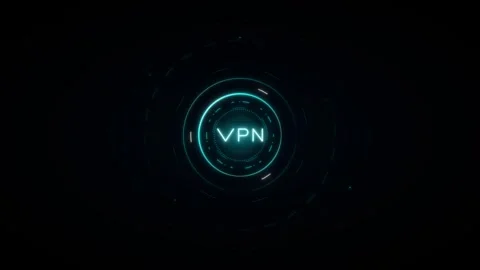 Futuristic VPN digital interface with glowing neon blue circular HUD on a d.. 動画素材 335826468