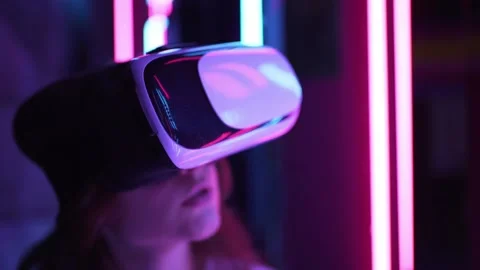 Futuristic vr device close up. Innovation digital goggles on young woman Video stock 146073872