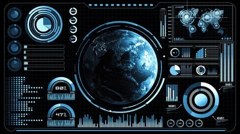 Futuristic VR head-up display design with orbital global network 3D rendering イラスト素材