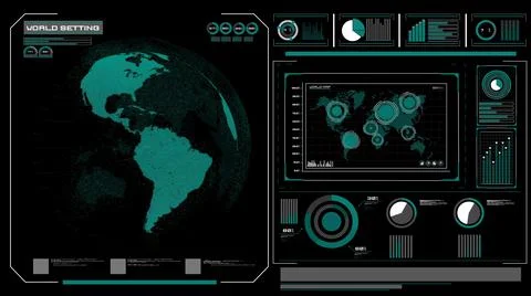Futuristic VR head-up display design with orbital global network 3D rendering Stock Illustration