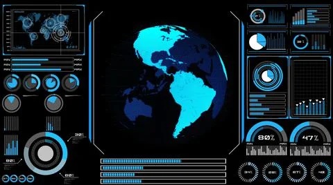 Futuristic VR head-up display design with orbital global network 3D rendering Stock Illustration