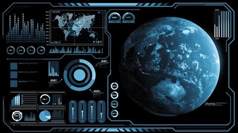 Futuristic VR head-up display design with orbital global network 3D rendering Stock Illustration