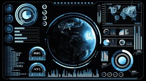 Futuristic VR head-up display design with orbital global network 3D rendering Illustrazione stock