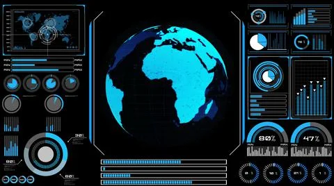 Futuristic VR head-up display design with orbital global network 3D rendering Stock Illustration