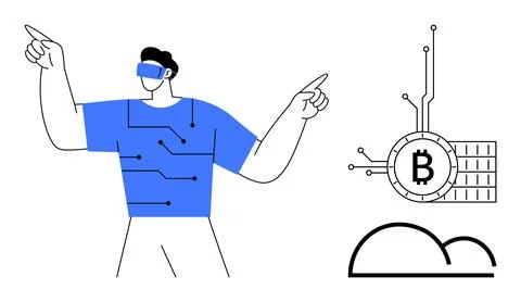 Futuristic VR User Interacting with Blockchain Technology and Cloud Computing Stock Illustration