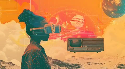 Futuristic VR vision with retro tech and cosmic elements Foto stock