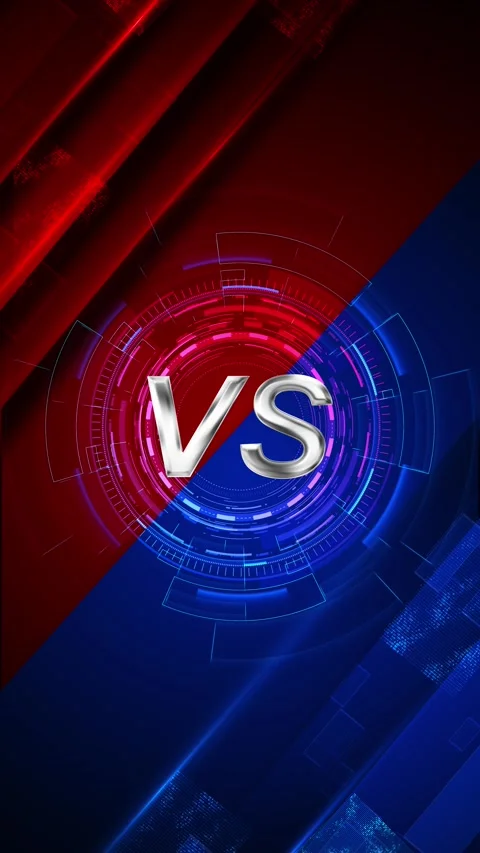 Futuristic VS competition screen red blue panels, metallic letters, circular sci Stock Footage 340456185