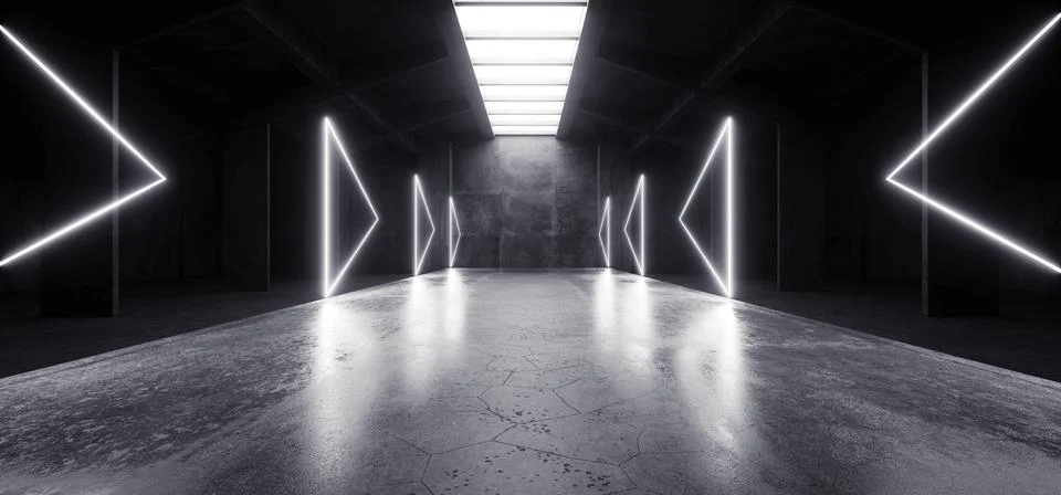 Futuristic Warehouse Glowing Arrow Pointers White On Concrete Cement Tunnel C イラスト素材