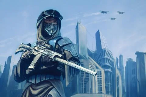 Futuristic warrior with weapons Stock Illustration