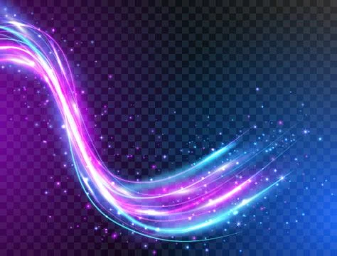 Futuristic waves in speed motion. Neon glowing curves strewn with sparks in d Stock Illustration