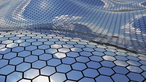 Futuristic wavy chrome surface hexagon sky reflection realistic 3D Rendering Stock Illustration