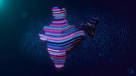 Futuristic Wavy India Map with Neon Glowing Digital Grid Background Stock Illustration