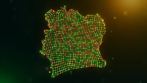 Futuristic Wavy Ivory Coast Map Built from Glowing Neural Network Stockillustratie