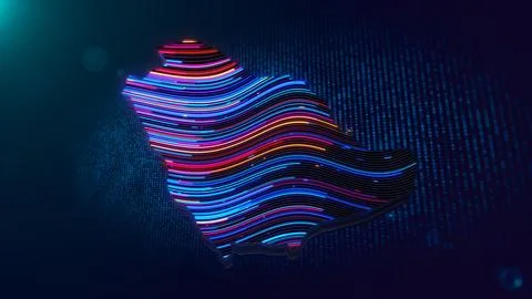 Futuristic Wavy Saudi Arabia Map with Glowing Neon Extruded Lines Illustration
