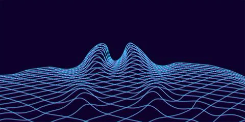 Futuristic wavy wireframe landscape of glitch effect on blue background. Sign 스톡 일러스트