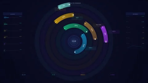 Futuristic Wealth Rings Financial Dashboard Displaying Asset Allocation and Vídeos de archivo 344232179