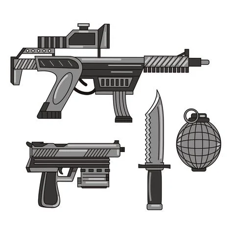 Futuristic weapon set collection. Vector cartoon flat line logo illustration Stock Illustration