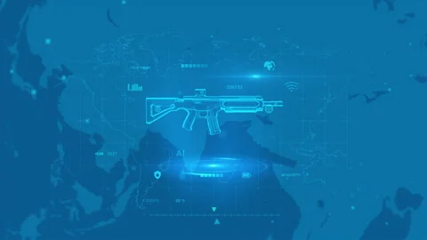 Futuristic Weapon Technology Map Interface with Digital Overlay Design Stock Footage 342292108