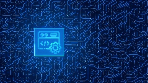 Futuristic Web Development Icon on Glowing Blue Circuit Board Background Stock Footage 324896800