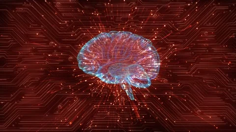 Futuristic Web Quantum AI. 3D Technology Machine Learning, Brain HUD. Red Stock Footage 314182514
