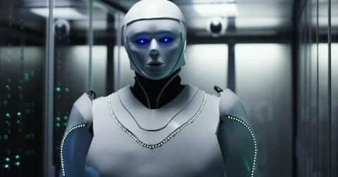 Futuristic white android robot in server room Stock Photos