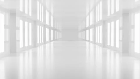 Futuristic white corridor or hallway with polished floor and bright light t.. Ilustración de archivo