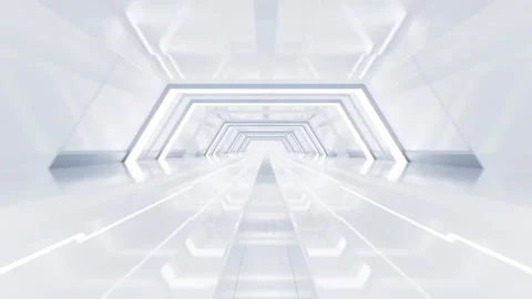 Futuristic white hallway with moving camera animation through bright geomet.. Vídeos de archivo 332315835