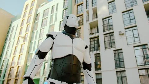 Futuristic white robot looking at camera while standing at urban area. Humanoid Foto stock