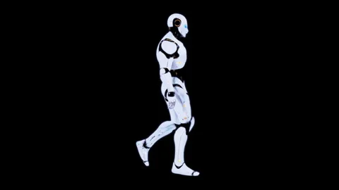 Futuristic White Robot in Motion Against Black Background Displaying Technolo Stock Footage 339055621