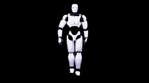 Futuristic White Robot Standing Against Black Background in Studio Light Stock Footage 339055988