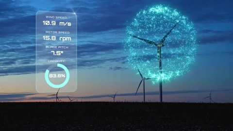 Futuristic wind farm interface showing real time telemetry data and wind speed Stock Footage 346009308