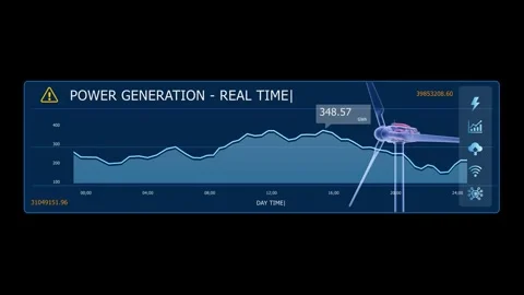 Futuristic wind power dashboard with animated numbers and graphics showing elect Stock Footage 344583075