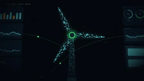 Futuristic wind turbine energy control center interface with teal and gold accen Stock Footage 339542842