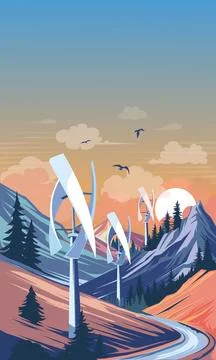 Futuristic wind turbines in the mountains, vector illustration Stock Illustration