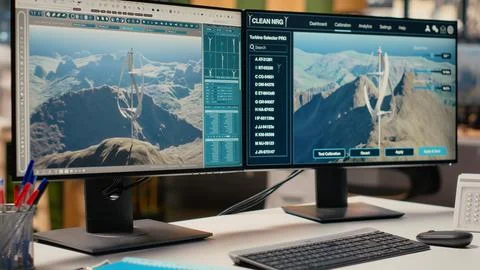 Futuristic windmill prototype simulation on PC screens in RD office Foto stock