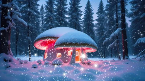 Futuristic winter snowfall in the forest with a cozy house in the form of a big Stock Footage 262580936
