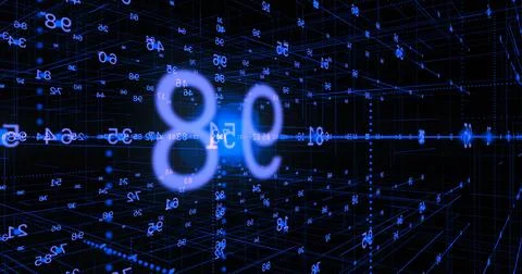 Futuristic wire cubes with digital numbers, motion around zoom in. Dark space Stock-Illustration