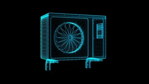 Futuristic Wireframe Air Conditioner Design Against Black Background Stock Illustration