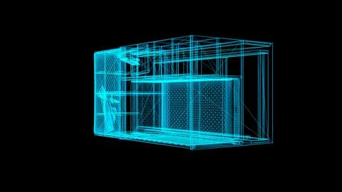 Futuristic Wireframe Architecture with Neon Blue Lines on Black Background Stock Illustration