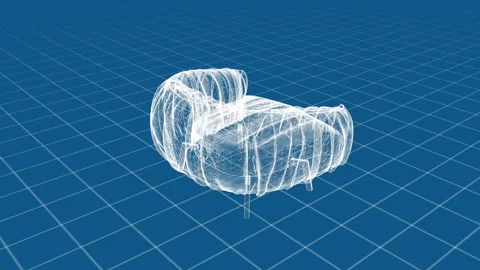 Futuristic Wireframe Armchair Design on a Digital Blue Grid Background Stock Footage 344394599