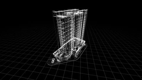 Futuristic Wireframe Building Design on Grid in Black and White Digital Format Stock Illustration