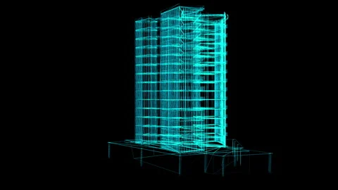 Futuristic Wireframe Building Illuminated in Neon on a Dark Background Digi.. Video stock 334586086