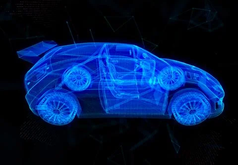 Futuristic wireframe car with ui digital environment. Glowing in the dark car on Stock Illustration