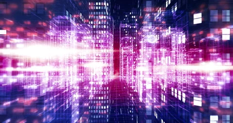 Futuristic wireframe city with neon glow transitioning to server room. Stock Footage 324747897