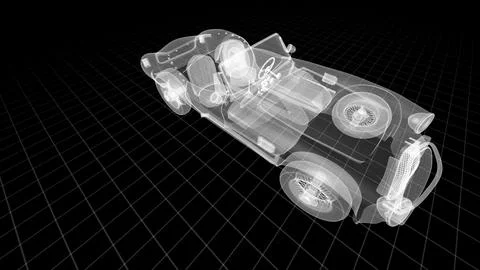 Futuristic Wireframe Design of Classic Vintage Car on Black Grid Background Stock Illustration