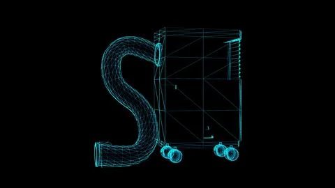 A futuristic wireframe design of a complex machine with a coiled tube and wh Stock Illustration